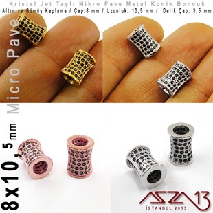 Altın / Gümüş Kaplama, Jet Kristal Taşlı 10,5 mm Micro Pave Mekik Boncuk / Paket İçeriği 1 Adet
