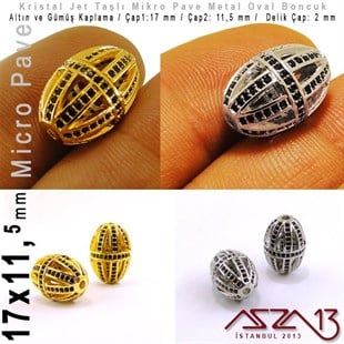 Altın / Gümüş Kaplama, Jet Kristal Taşlı 17 mm Micro Pave Oval Fligran Boncuk / Paket İçeriği 1 Adet