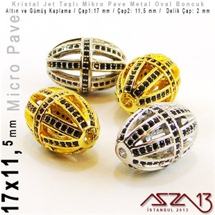 Altın / Gümüş Kaplama, Jet Kristal Taşlı 17 mm Micro Pave Oval Fligran Boncuk / Paket İçeriği 1 Adet