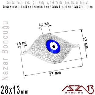 Gümüş Kaplama, Kristal Taşlı, 28 mm Nazar Göz Şekilli,  Bağlantı Malzeme / 1 Adet