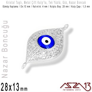 Gümüş Kaplama, Kristal Taşlı, 28 mm Nazar Göz Şekilli,  Bağlantı Malzeme / 1 Adet