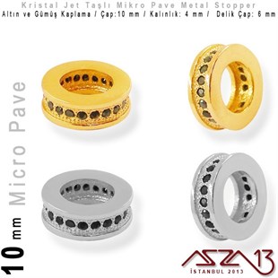 Altın / Gümüş Kaplama, Jet Kristal Taşlı 10 mm Micro Pave Stopper / Paket İçeriği 1 Adet