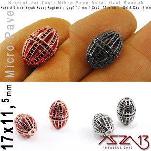 Rose Altın / Siyah Rodaj Kaplama, Jet Kristal Taşlı 17 mm Micro Pave Oval Fligran Boncuk / Paket İçeriği 1 Adet