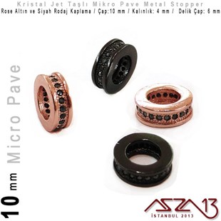 Rose Altın / Siyah Rodaj Kaplama, Jet Kristal Taşlı 10 mm Micro Pave Stopper / Paket İçeriği 1 Adet