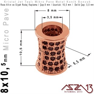 Rose Altın / Siyah Rodaj Kaplama, Jet Kristal Taşlı 10,5 mm Micro Pave Mekik Boncuk / Paket İçeriği 1 Adet