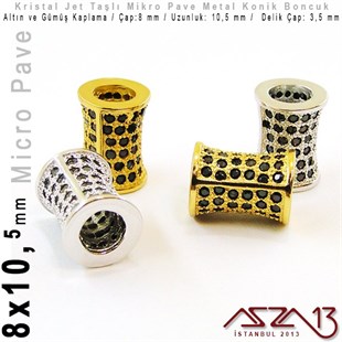 Altın / Gümüş Kaplama, Jet Kristal Taşlı 10,5 mm Micro Pave Mekik Boncuk / Paket İçeriği 1 Adet