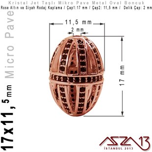 Rose Altın / Siyah Rodaj Kaplama, Jet Kristal Taşlı 17 mm Micro Pave Oval Fligran Boncuk / Paket İçeriği 1 Adet