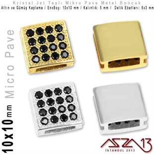Altın / Gümüş Kaplama, Jet Kristal Taşlı 7 mm Micro Pave Kare Boncuk / Paket İçeriği 1 Adet