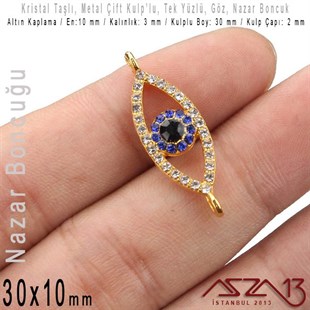 Altın Kaplama, Kristal Taşlı, 30 mm Nazar Göz Şekilli,  Bağlantı Malzeme / 1 Adet