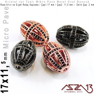 Rose Altın / Siyah Rodaj Kaplama, Jet Kristal Taşlı 17 mm Micro Pave Oval Fligran Boncuk / Paket İçeriği 1 Adet