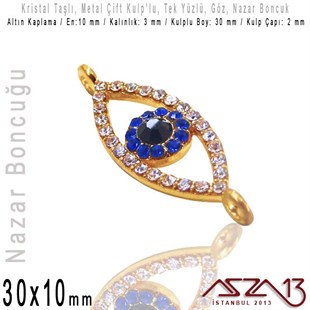 Altın Kaplama, Kristal Taşlı, 30 mm Nazar Göz Şekilli,  Bağlantı Malzeme / 1 Adet