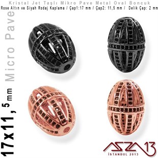 Rose Altın / Siyah Rodaj Kaplama, Jet Kristal Taşlı 17 mm Micro Pave Oval Fligran Boncuk / Paket İçeriği 1 Adet