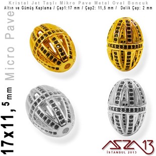 Altın / Gümüş Kaplama, Jet Kristal Taşlı 17 mm Micro Pave Oval Fligran Boncuk / Paket İçeriği 1 Adet