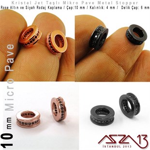 Rose Altın / Siyah Rodaj Kaplama, Jet Kristal Taşlı 10 mm Micro Pave Stopper / Paket İçeriği 1 Adet