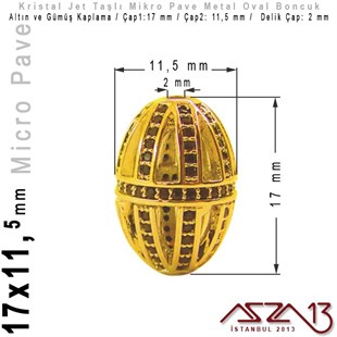 Altın / Gümüş Kaplama, Jet Kristal Taşlı 17 mm Micro Pave Oval Fligran Boncuk / Paket İçeriği 1 Adet