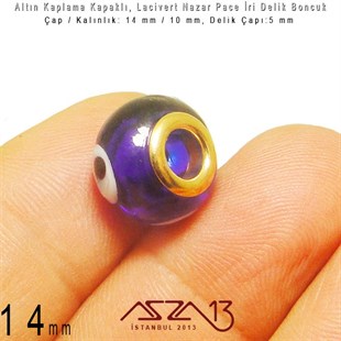 Altın Kaplama - Cam 14 mm - Lacivert - İri Delik Pave Boncuk / 1 Adet