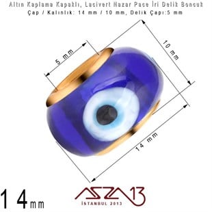 Altın Kaplama - Cam 14 mm - Lacivert - İri Delik Pave Boncuk / 1 Adet