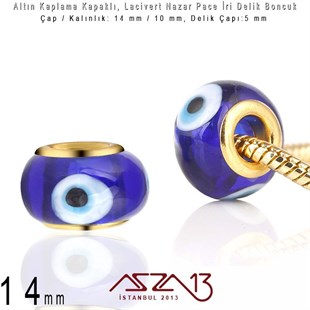 Altın Kaplama - Cam 14 mm - Lacivert - İri Delik Pave Boncuk / 1 Adet
