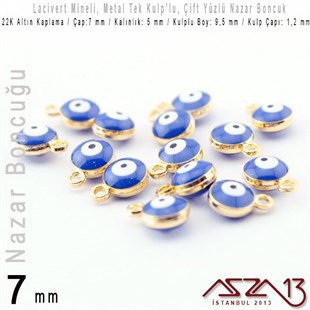 22K Altın Kaplamalı - Lacivert Mineli - Çift Yüzlü 7 mm - Tek Kulplu - Sallantı Malzeme / 2 Adet