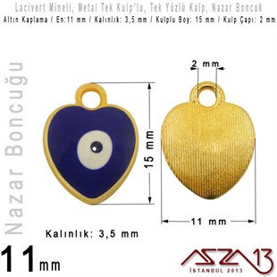 Altın Kaplamalı - Lacivert Mineli - Tek Yüzlü 11 mm - Tek Kulplu - Kalp Sallantı Malzeme / 1 Adet
