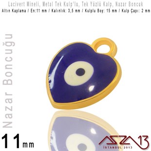 Altın Kaplamalı - Lacivert Mineli - Tek Yüzlü 11 mm - Tek Kulplu - Kalp Sallantı Malzeme / 1 Adet