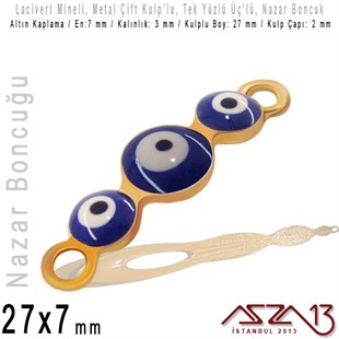 Altın Kaplamalı - Lacivert Mineli - Tek Yüzlü 27 mm - Çift Kulplu -Üçlü Yuvarlak Bağlantı Malzeme / 1 Adet