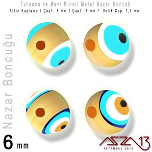 Altın Kaplama, Mineli, Çift Yüzlü, Yuvarlak, Delikli Nazar Boncuğu / 2 Adet