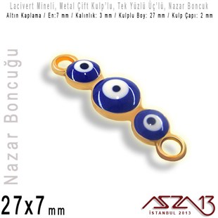 Altın Kaplamalı - Lacivert Mineli - Tek Yüzlü 27 mm - Çift Kulplu -Üçlü Yuvarlak Bağlantı Malzeme / 1 Adet