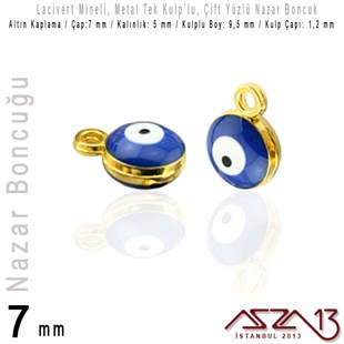 Altın Kaplamalı - Lacivert Mineli - Çift Yüzlü 7 mm - Tek Kulplu - Sallantı Malzeme / 2 Adet