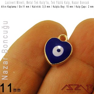 Altın Kaplamalı - Lacivert Mineli - Tek Yüzlü 11 mm - Tek Kulplu - Kalp Sallantı Malzeme / 1 Adet