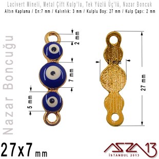 Altın Kaplamalı - Lacivert Mineli - Tek Yüzlü 27 mm - Çift Kulplu -Üçlü Yuvarlak Bağlantı Malzeme / 1 Adet