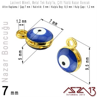 Altın Kaplamalı - Lacivert Mineli - Çift Yüzlü 7 mm - Tek Kulplu - Sallantı Malzeme / 2 Adet