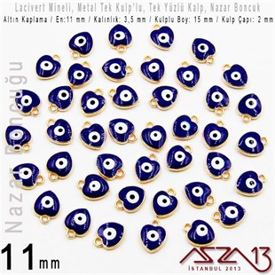 Altın Kaplamalı - Lacivert Mineli - Tek Yüzlü 11 mm - Tek Kulplu - Kalp Sallantı Malzeme / 1 Adet