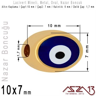 Altın Kaplama, Mineli, Çift Yüzlü, Oval, Nazar Boncuğu / Paket İçeriği 1 Adet