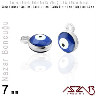 Gümüş Kaplamalı - Lacivert Mineli - Çift Yüzlü 7 mm - Tek Kulplu - Sallantı Malzeme / 2 Adet