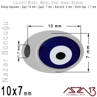 Gümüş Kaplama, Mineli, Çift Yüzlü, Oval, Nazar Boncuğu / Paket İçeriği 1 Adet