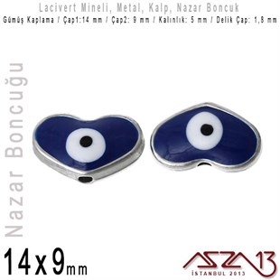 Gümüş Kaplama, Mineli, Çift Yüzlü, Kalp, Nazar Boncuğu / Paket İçeriği 1 Adet