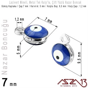 Gümüş Kaplamalı - Lacivert Mineli - Çift Yüzlü 7 mm - Tek Kulplu - Sallantı Malzeme / 2 Adet