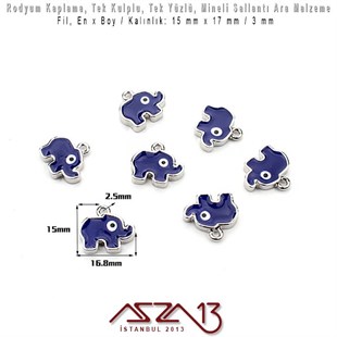 Rodyum Kaplamalı - 15x19 mm - Lacivert Mineli - Tek Yüzlü  - Tek Kulplu - Fil, Fatmanın Eli ve Kalp Sallantı Malzeme / 1 Adet