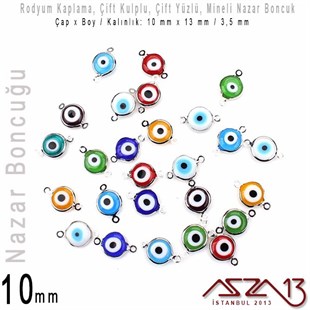 Rodyum Kaplamalı - Karışık Renk Mineli - Çift Yüzlü 10 mm - Çift Kulplu - Bağlantı Malzeme / 1 Adet