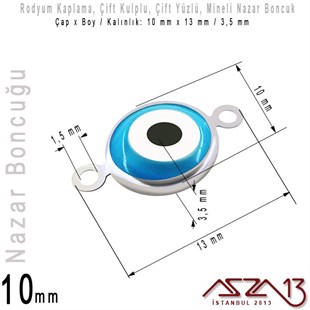 Rodyum Kaplamalı - Karışık Renk Mineli - Çift Yüzlü 10 mm - Çift Kulplu - Bağlantı Malzeme / 1 Adet