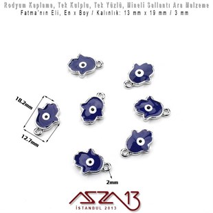 Rodyum Kaplamalı - 15x19 mm - Lacivert Mineli - Tek Yüzlü  - Tek Kulplu - Fil, Fatmanın Eli ve Kalp Sallantı Malzeme / 1 Adet