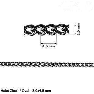 Zincir - Düz Halat Tip - Oval 3 mm - Siyah Mine Kaplama / 1 Metre