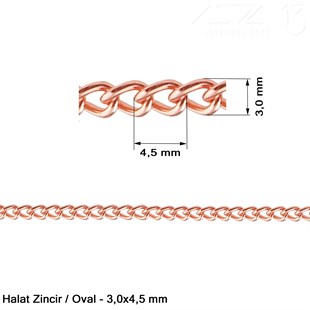 Zincir - Düz Halat Tip - Oval 3 mm - Rose Altın Kaplama / 1 Metre