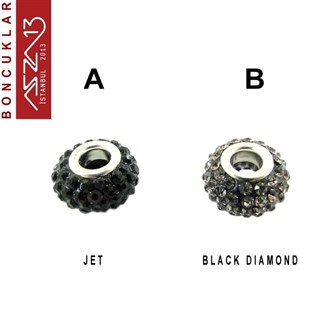Jet ve Black Diamond (Siyah ve S. Elmas) 10x14 mm Kristal Taşlı Pave İri Delik Boncuk / Paket İçeriği 1 Adet