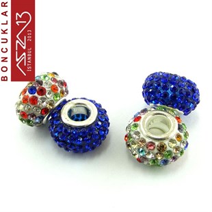 Bermuda Blue ve Multi Color (Koyu Mavi ve Karışık Renk) 10x14 mm Kristal Taşlı Pave İri Delik Boncuk / Paket İçeriği 1 Adet