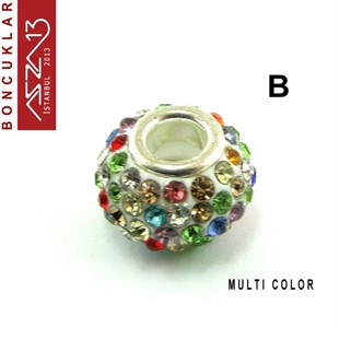 Bermuda Blue ve Multi Color (Koyu Mavi ve Karışık Renk) 10x14 mm Kristal Taşlı Pave İri Delik Boncuk / Paket İçeriği 1 Adet