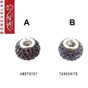 Amethyst ve Tanzanite (Mor ve Eflatun) 10x14 mm Kristal Taşlı Pave İri Delik Boncuk / Paket İçeriği 1 Adet