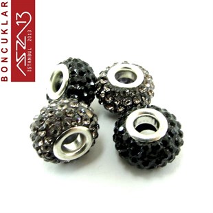 Jet ve Black Diamond (Siyah ve S. Elmas) 10x14 mm Kristal Taşlı Pave İri Delik Boncuk / Paket İçeriği 1 Adet