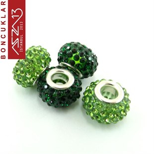 Emerald ve Peridot (K. Yeşil ve A. Yeşil) 10x14 mm Kristal Taşlı Pave İri Delik Boncuk / Paket İçeriği 1 Adet